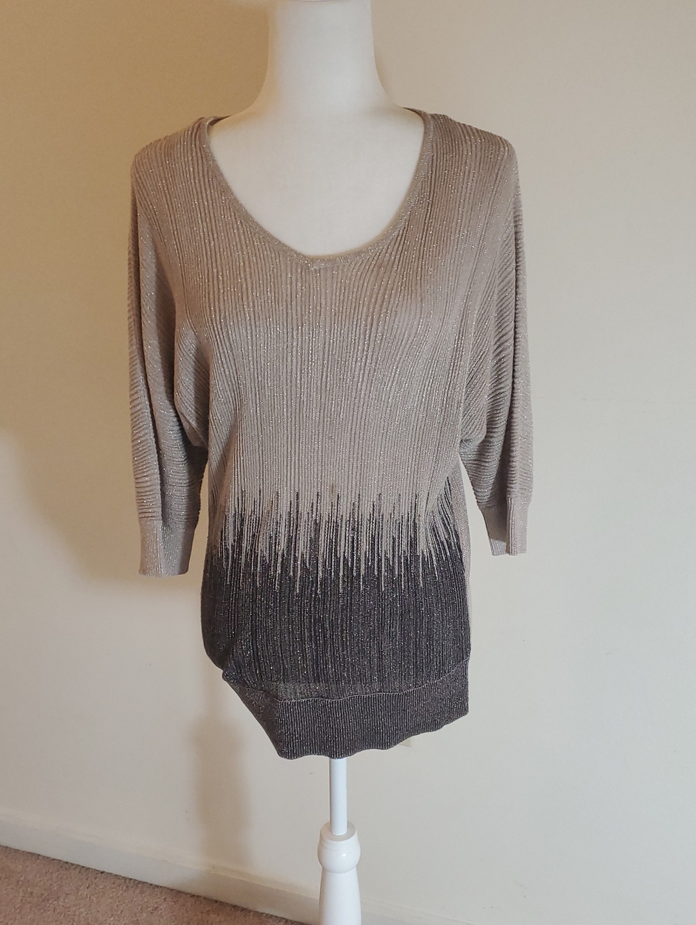 New Directions Shimmery Beige to Black Ombre Knit Top